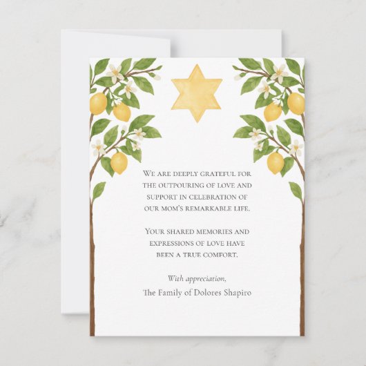 Jewish Sympathy Star Lemon Tree Waterverf Shiva Bedankkaart (Voorkant)