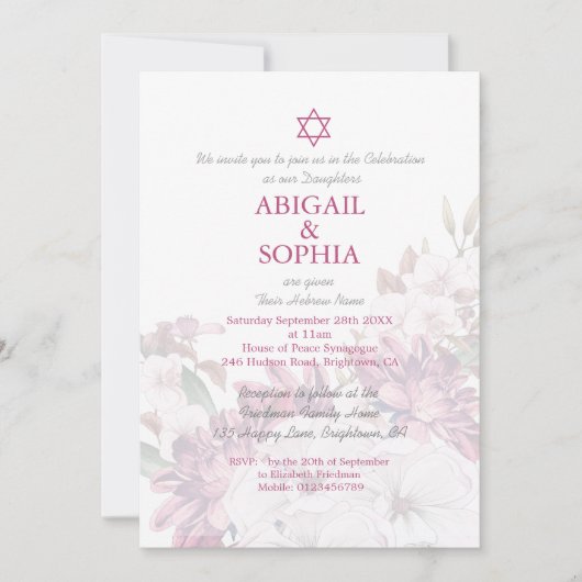 Jewish Twin Girls Floral Naming Ceremony Hebrew Kaart (Voorkant)