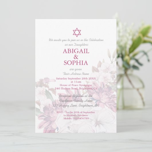 Jewish Twin Girls Floral Naming Ceremony Hebrew Kaart (Staand voorkant)