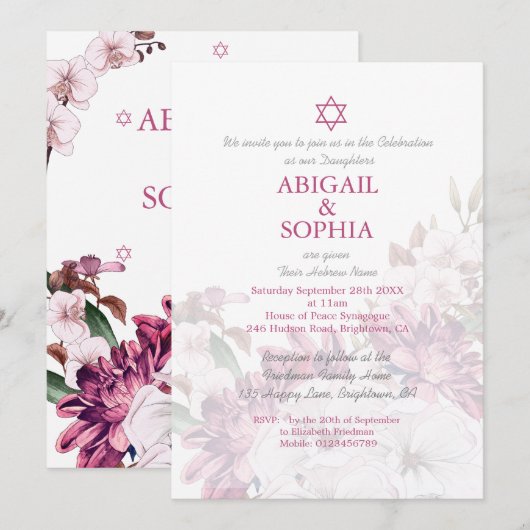 Jewish Twin Girls Floral Naming Ceremony Hebrew Kaart (Voorkant / Achterkant)