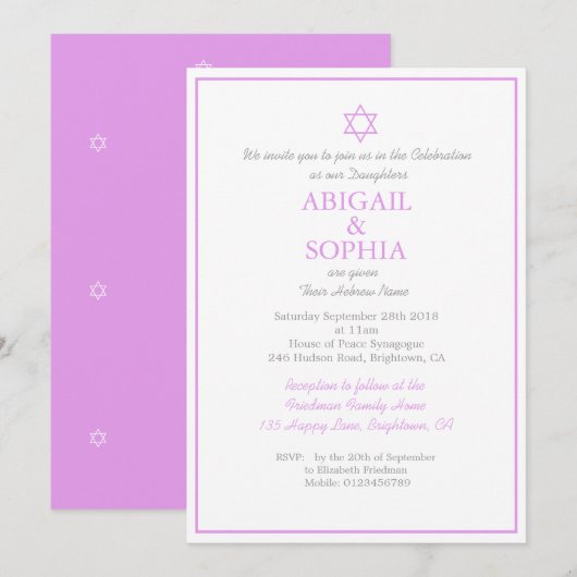 Jewish Twin Girls Naming Ceremony Hebrew Paars Kaart (Voorkant / Achterkant)