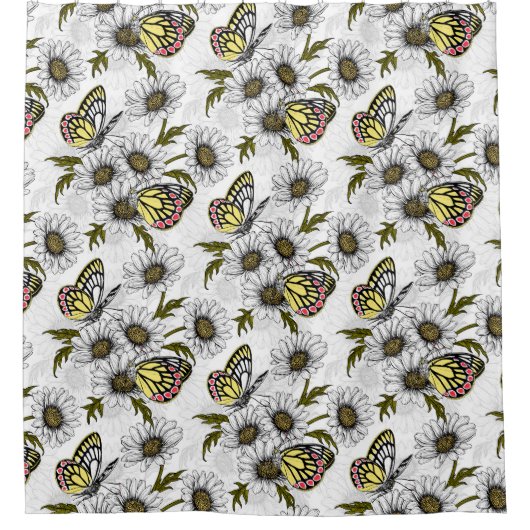 Jezebel vlinders en daisy bloemen op wit douchegordijn (Voorkant)