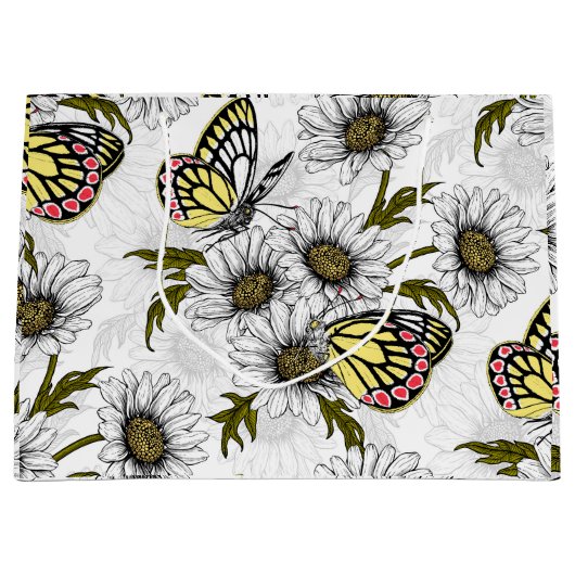 Jezebel vlinders en daisy bloemen op wit groot cadeauzakje (Voorkant)