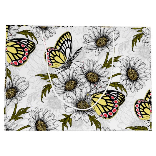 Jezebel vlinders en daisy bloemen op wit groot cadeauzakje (Achterkant)