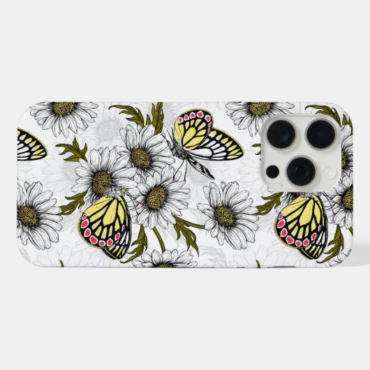 Jezebel vlinders en daisy bloemen op wit iPhone hoesje (Achterkant horizontaal)