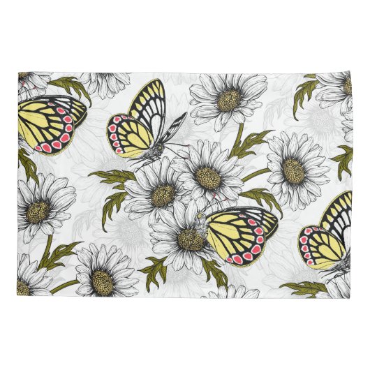 Jezebel vlinders en daisy bloemen op wit kussensloop (Achterkant-Links)