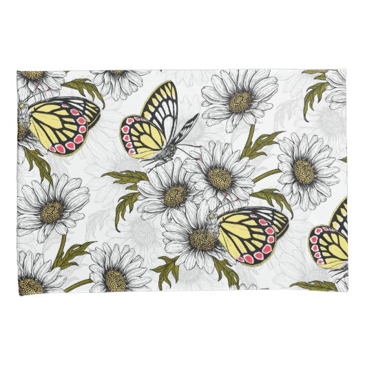 Jezebel vlinders en daisy bloemen op wit kussensloop (Voorkant-Rechts)