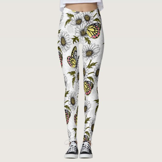 Jezebel vlinders en daisy bloemen op wit leggings (Voorkant)