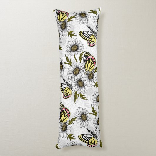 Jezebel vlinders en daisy bloemen op wit lichaamskussen (Achterkant (Verticaal))