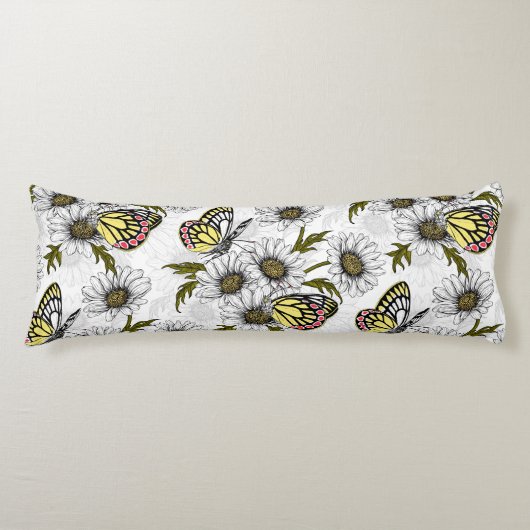 Jezebel vlinders en daisy bloemen op wit lichaamskussen (Voorkant)