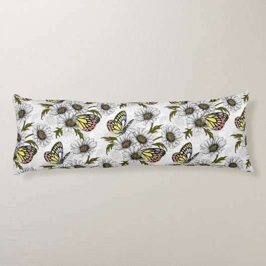 Jezebel vlinders en daisy bloemen op wit lichaamskussen (Achterkant)