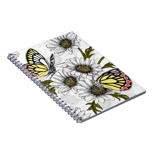 Jezebel vlinders en daisy bloemen op wit notitieboek (Rechterzijde)