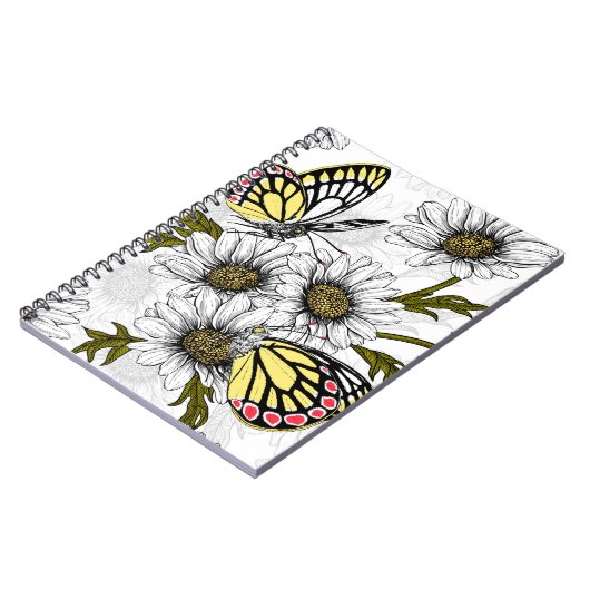 Jezebel vlinders en daisy bloemen op wit notitieboek (Linkerzijde)