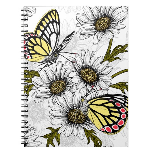 Jezebel vlinders en daisy bloemen op wit notitieboek (Voorkant)