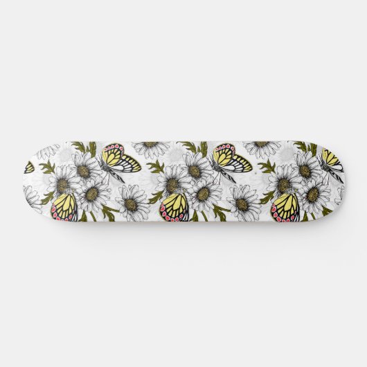 Jezebel vlinders en daisy bloemen op wit persoonlijk skateboard (Horizontaal)