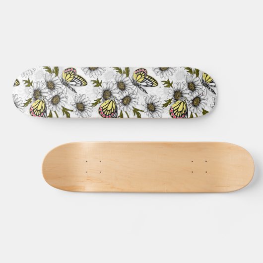 Jezebel vlinders en daisy bloemen op wit persoonlijk skateboard (Horizontaal)
