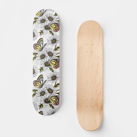 Jezebel vlinders en daisy bloemen op wit persoonlijk skateboard (Voorkant)
