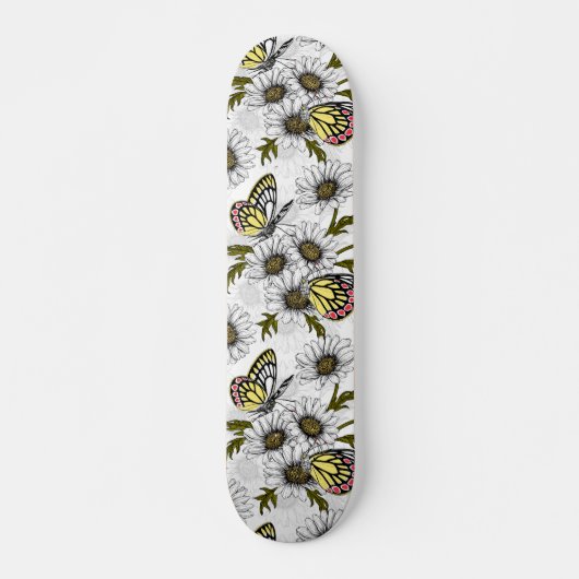 Jezebel vlinders en daisy bloemen op wit persoonlijk skateboard (Voorkant)
