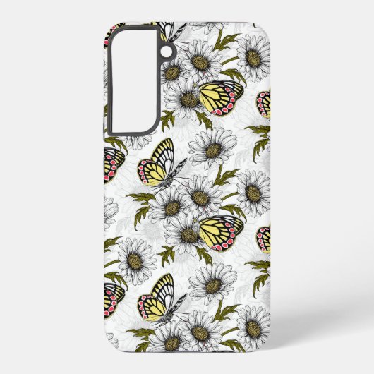 Jezebel vlinders en daisy bloemen op wit samsung galaxy hoesje (Achterkant)