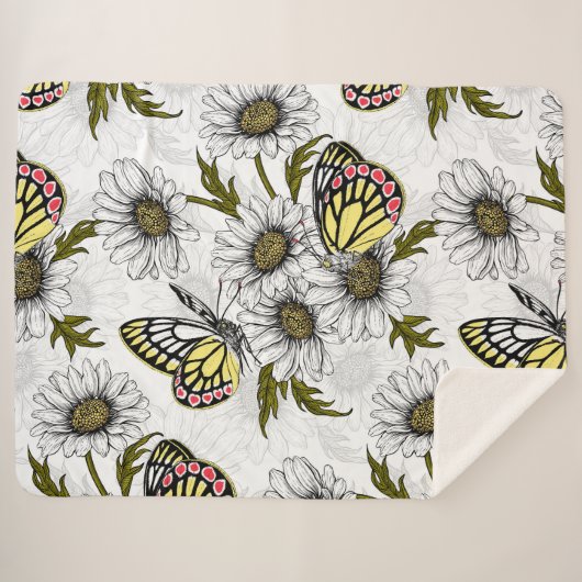 Jezebel vlinders en daisy bloemen op wit sherpa deken (Voorkant (horizontaal))