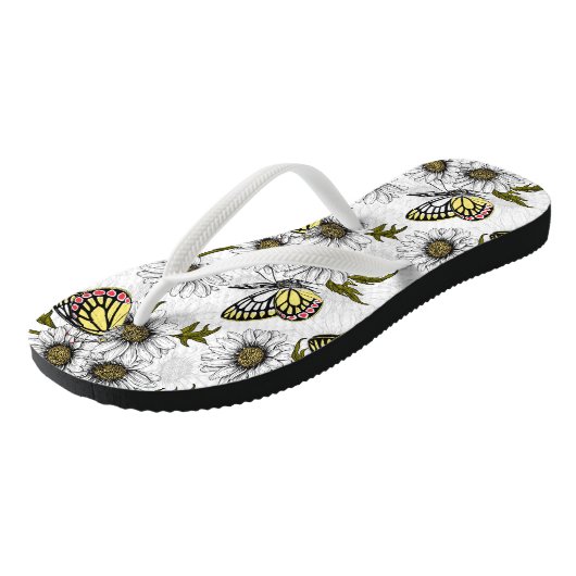 Jezebel vlinders en daisy bloemen op wit teenslippers (Schuin)
