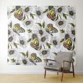 Jezebel vlinders en daisy bloemen op wit wandkleed (In Situ (horizontaal))