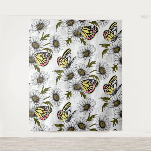 Jezebel vlinders en daisy bloemen op wit wandkleed (Voorkant)