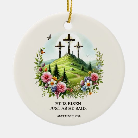Jezus aan het kruis, Hij is verrezen met Pasen Keramisch Ornament (Voorkant)