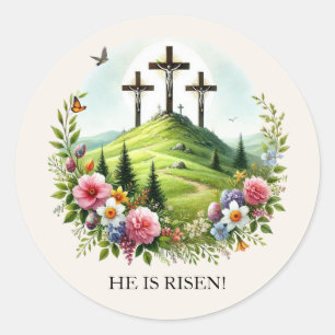 Jezus aan het kruis, Hij is verrezen met Pasen Ronde Sticker