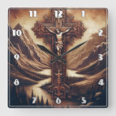 Jezus aan het kruis in het berglandschap vierkante klok (Voorkant)