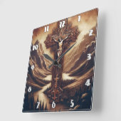 Jezus aan het kruis in het berglandschap vierkante klok (Hoek)