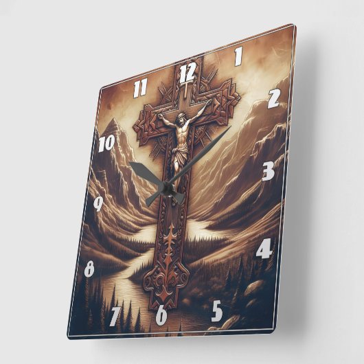 Jezus aan het kruis in het berglandschap vierkante klok (Hoek)