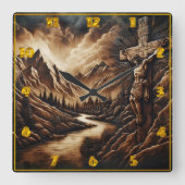 Jezus aan het kruis met bergen en rivieren vierkante klok (Voorkant)
