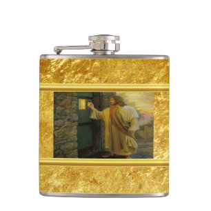 Jezus aan uw deur met een gouden folie heupfles