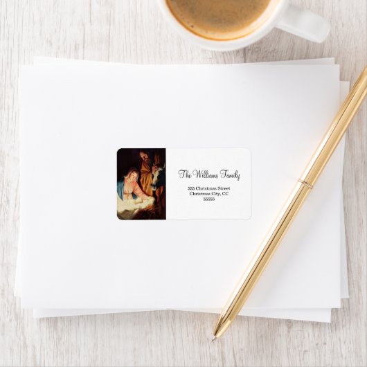 Jezus als kind met Mary & Joseph Vrolijk Kerstfees Etiket (Insitu)