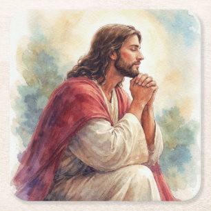 Jezus Biddend Watercolor Kunst Christelijk Geloo Kartonnen Onderzetters