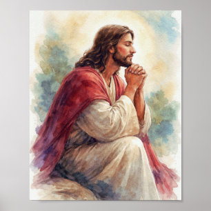 Jezus Biddend Watercolor Kunst   Christelijk Geloo Poster