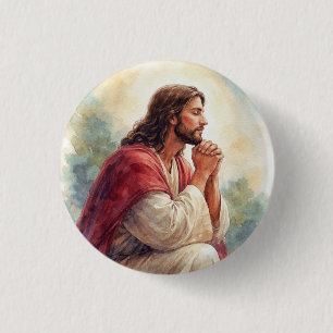 Jezus Biddend Watercolor Kunst   Christelijk Geloo Ronde Button 3,2 Cm