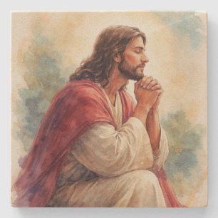 Jezus Biddend Watercolor Kunst Christelijk Geloo Stenen Onderzetter