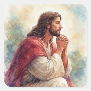 Jezus Biddend Watercolor Kunst Christelijk Geloo Vierkante Sticker