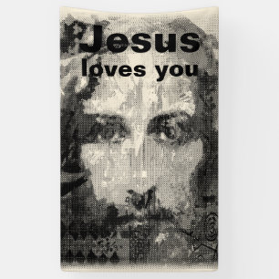 Jezus Christus Collage halftone zwart, jouw ideeë Spandoek
