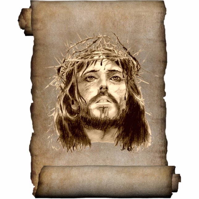 Jezus Christus Crown of Thorns on Scroll Staand Fotobeeldje (Voorkant)