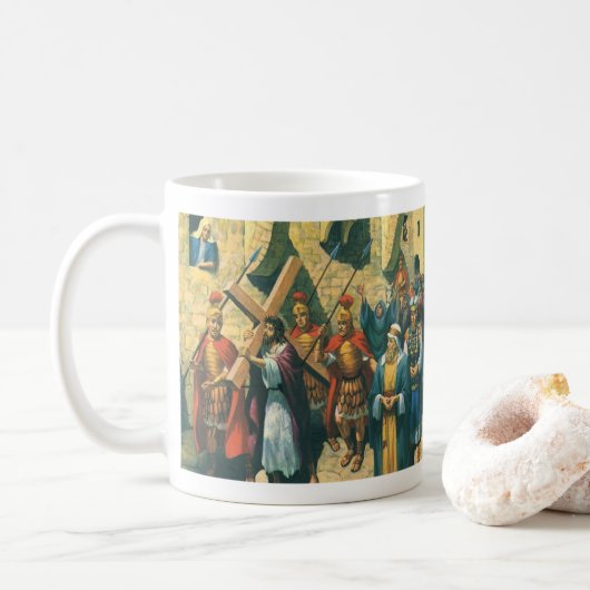 Jezus Christus die het kruis draagt naar zijn kroo Koffiemok (Met donut)