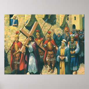 Jezus Christus die het kruis draagt naar zijn kroo Poster