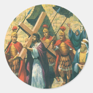 Jezus Christus die het Kruis draagt naar zijn Krui Ronde Sticker