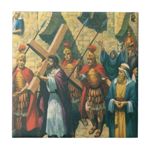 Jezus Christus die het Kruis draagt naar zijn Krui Tegeltje