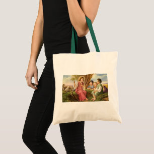 Jezus Christus die kinderen leert, vintage religie Tote Bag