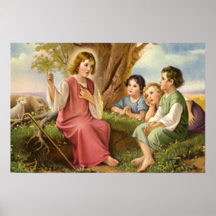 Jezus Christus die kinderen onderwijst, antieke go Poster