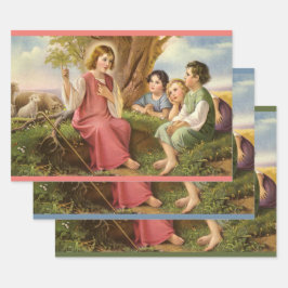 Jezus Christus die kinderen onderwijst, vintage re Inpakpapier Vel