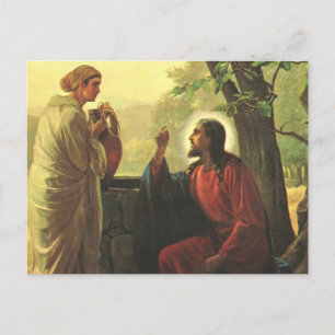 Jezus Christus en de barmhartige Samaritaan bij de Briefkaart
